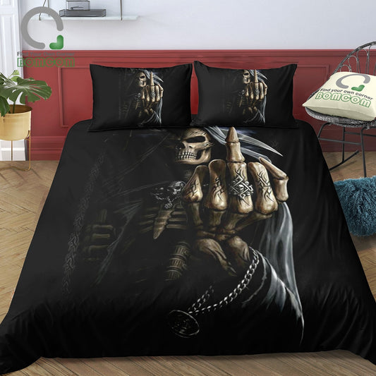 3D Digital Printing Magic Skull Bedding Set Finger up Grim Reaper Duvet Cover S 100% Microfiber Black