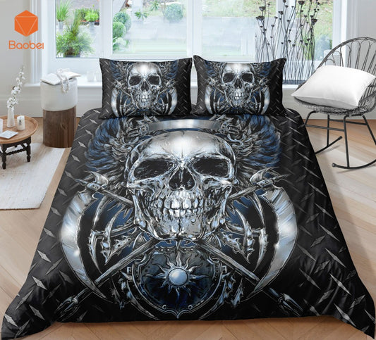 3D Skull Silver AX  Beddingt set With Pillowcas Cartoon Bed Duvet Cover for Kids 3pcs Bedclothes Quilt Cover