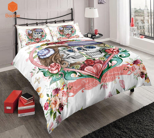 3Pcs Sugar Flowers Heart Skull White Bedding Set Pillowcases Duvet Cover Quilt Cover For Kids Queen King Sizes Bedspreads