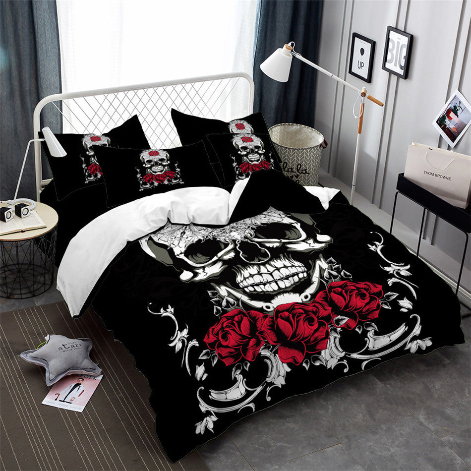 3Pcs Sugar Skull Bedding Set Rose Print Duvet Cover King Queen Bed Cover Girls Sweet Bedclothes Pillowcase Halloween Gift