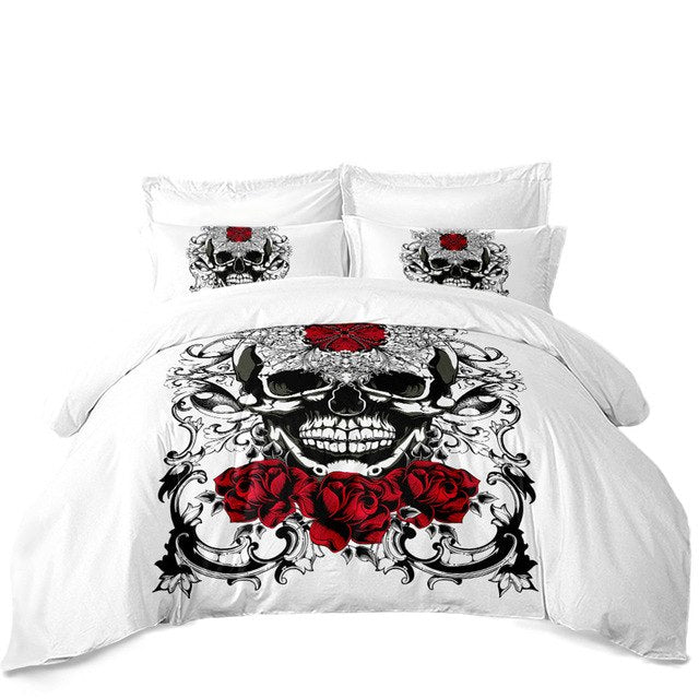 3Pcs Sugar Skull Bedding Set Rose Print Duvet Cover King Queen Bed Cover Girls Sweet Bedclothes Pillowcase Halloween Gift