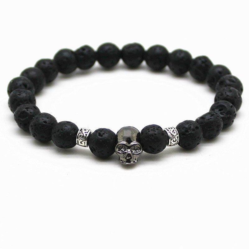 Black Beads Natural Stones Skull Bracelet For Women Lava Stone Beads