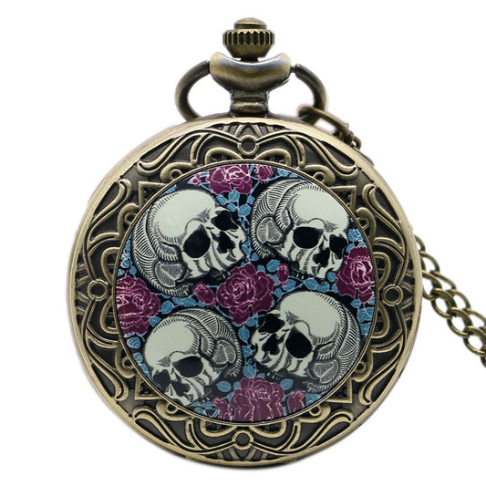 Fashion four skull pocket watch men women watches pandent with necklace