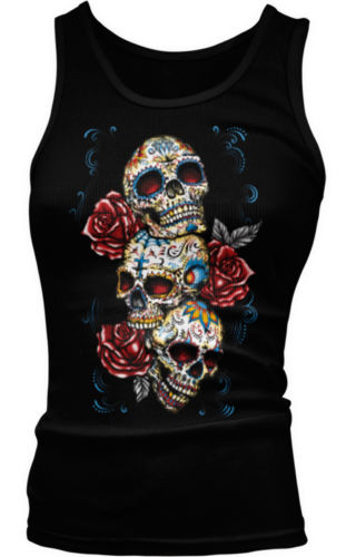 Three Skulls Roses Cross Web Jewel Floral Sugar Dead Dia Muertos Girls Tank Top