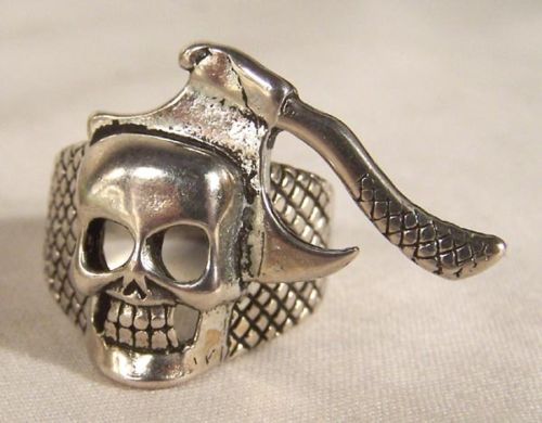 SKULL AXE BIKER RING BR19 HEAVY silver hatchet jewelry skeleton head men women
