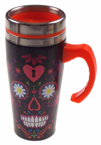 Coffee Travel Coffee Mug Black Red Skull Gift Splash Guard 16oz Handle Insulated