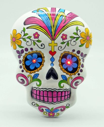 White Day of the Dead Sugar Skull Wall Plaque With LED Eyes Dia De Los Muertos