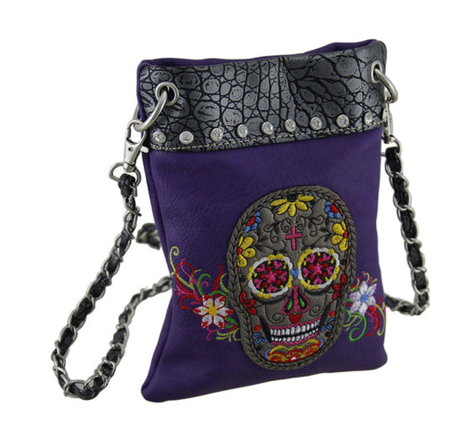 Zeckos Embroidered Sugar Skull Rhinestone Trim Crossbody Purse