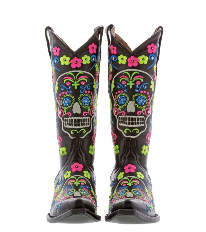 Womens Black Sugar Skull Halloween Leather Boots Western Cowgirl Style Snip Toe