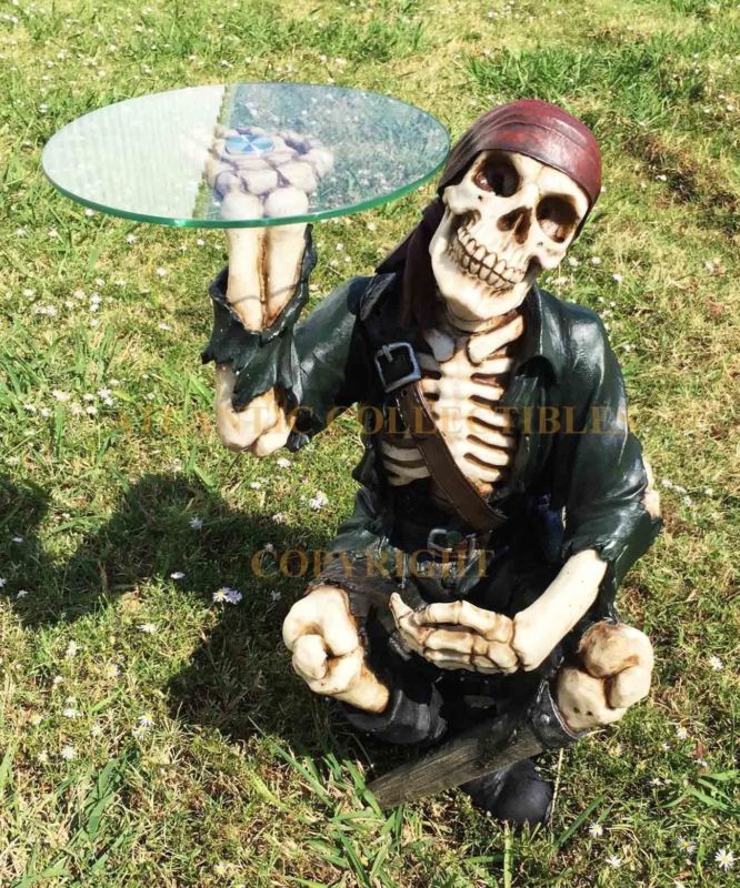 CARIBBEAN TREASURE PIRATE SKULL SIDE TABLE WITH GLASS AND WINE HOLDER 23.5"H