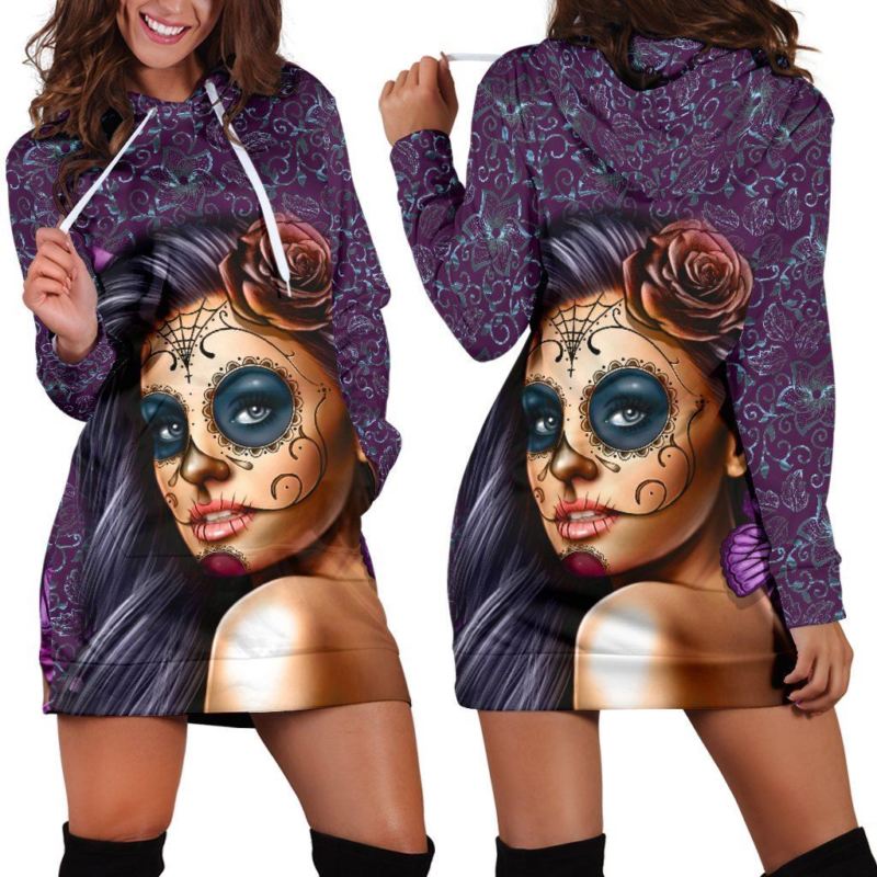 Calavera Violet Skull Women Hoddie Dress