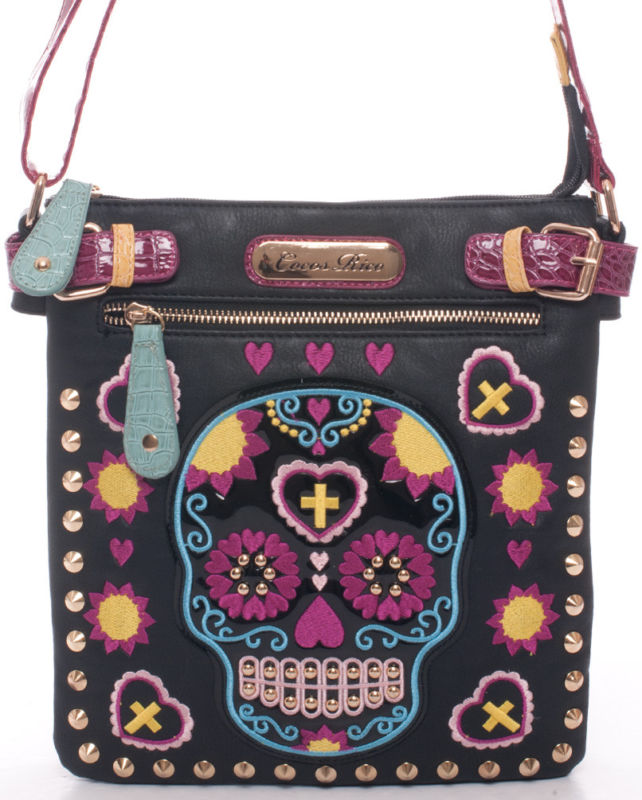 Ladies Biker Sugar Skull Purse Handbag Messenger Shoulder Bag