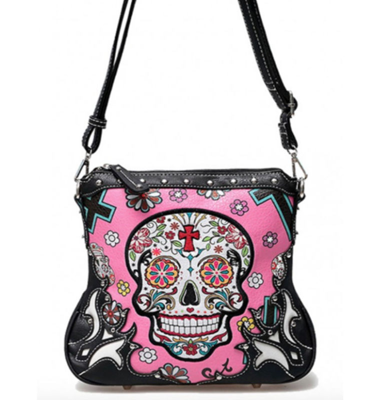 Cowgirl Trendy Sugar Skull Purse Cross Body with Concealed Carry Pocket Pink