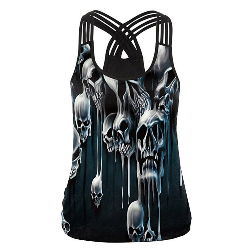 Summer Women's Gothic Animal Tank Tops Sexy Hollow Out 3D Skull Print T-Shirts