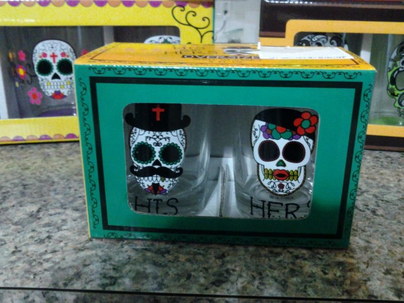 Sugar Skulls Day Of The Dead Party Set Wine, His & Hers Shot Glasses & Lantern