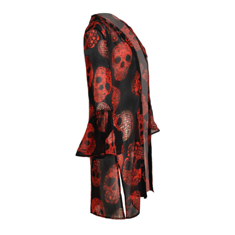 Womens Skull Print Chiffon Kimono Coat Flare Sleeve Summer Beach Casual Cardigan