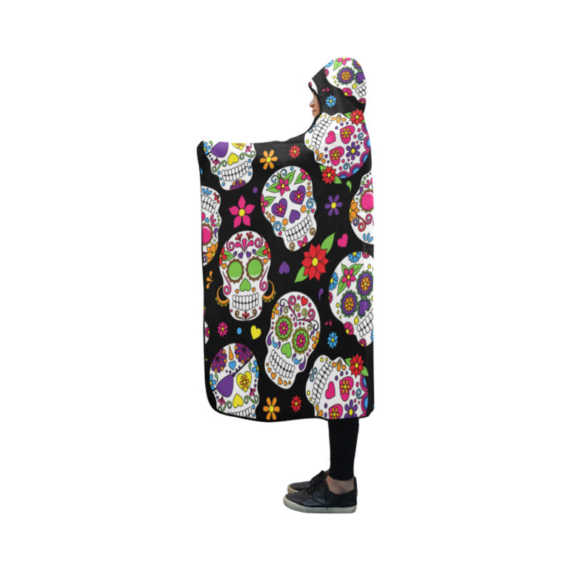 Custom Stylish Wearable Head Sugar Skull Black Hooded Blanket 50x40 Inch