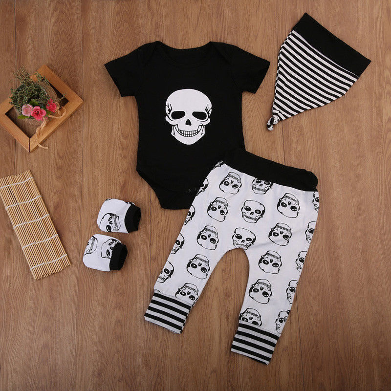 Newborn Infant Kids Baby Boy Skull Outfits Clothes Tops+Long Pants Hat 4pcs Set