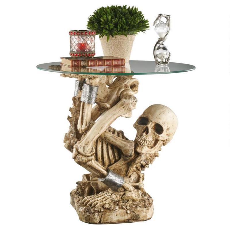 Skull Skeleton Bones Unique Furniture Glass Top Pedestal Side Table Gothic Decor