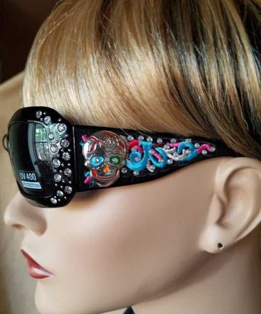 Black Frame Rhinestone Sugar Skull Embroidered Bling  Sunglasses U V 400