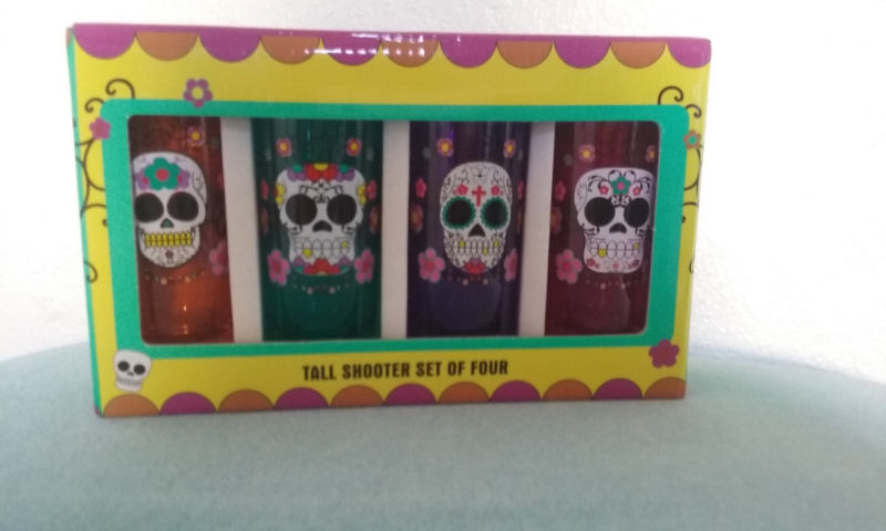 Sugar Skull Mexi Party Shots glass Skeleton Tall 2 oz Shooter Glasses Set of 4