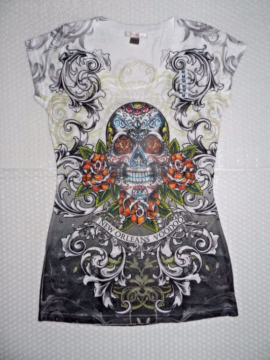 SUGAR SKULL JEWELED NEW ORLEANS T SHIRT SZ MED SCOOP NECK POLY