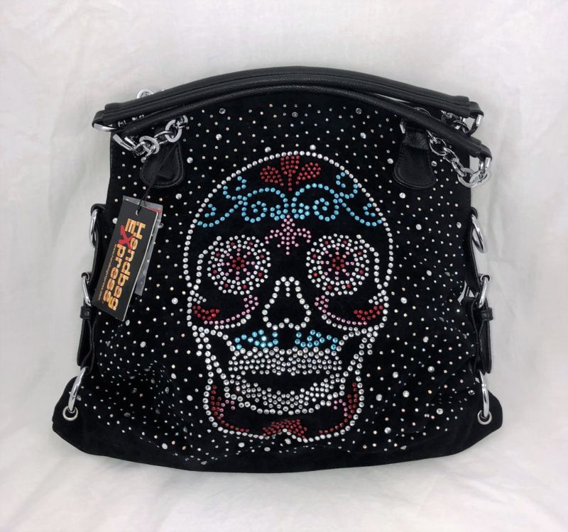 New Medium Sugar Skull Day of the Dead Rhinestone Fashion Handbag Tote Purse Bag