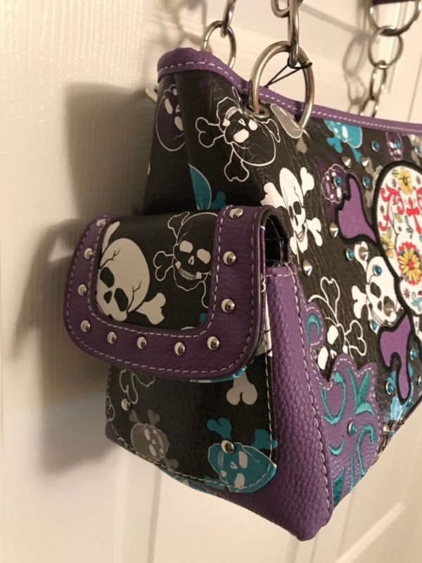 Cowgirl Trendy Western SPECIAL SUGAR SKULL Concealed Carry Handbag/Wallet PURPLE