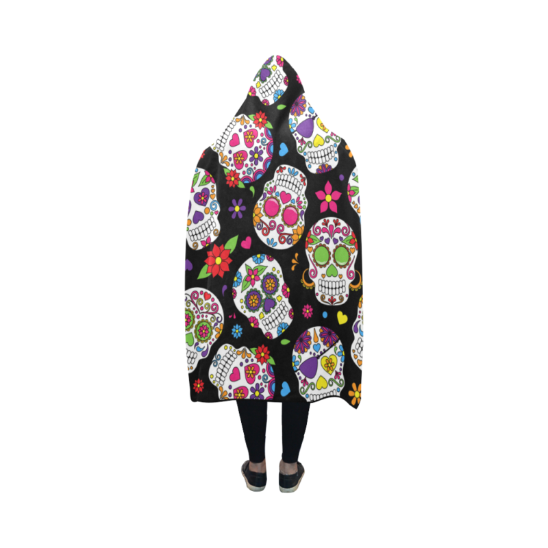 Custom Stylish Wearable Head Sugar Skull Black Hooded Blanket 50x40 Inch