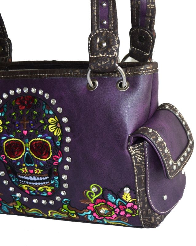 Western purple embroidery sugar skull day of the dead handbag shoulder purse bag