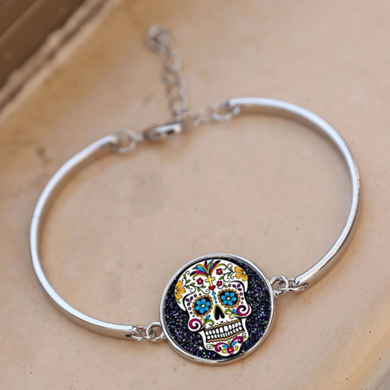 Art Gothic Bracelet Wristband Skull Bangle Glass Flower Sugar Silver Plated