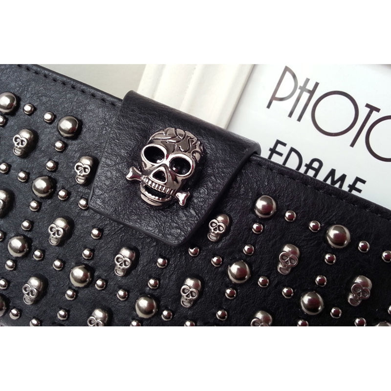 Women's Skull Rivet Long Zippy Purse Card Holder Leather Clutch Steampunk Wallet