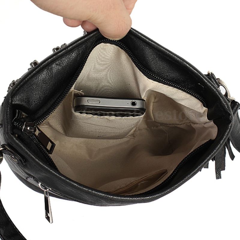 Fashion Women Skull Punk Leather Goth Tassel Messenger Shoulder Bag Tote Handbag