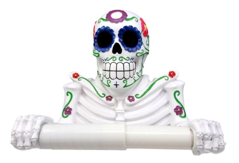 White Day Of The Dead Sugar Skull Floral Skeleton Bathroom Toilet Paper Holder