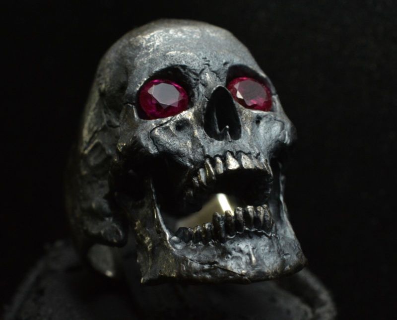 Into The Fire Jewelry - Skull ring Large open jaw with Rubies Men .925 Silver