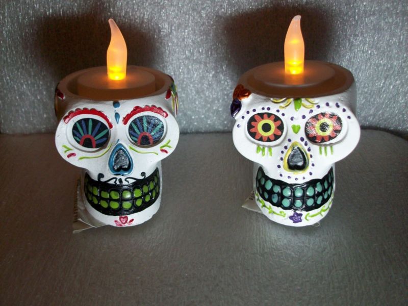 NEW! Set of 2 Sugar Skull - Day of the Dead Tea Light Candle Holders Halloween