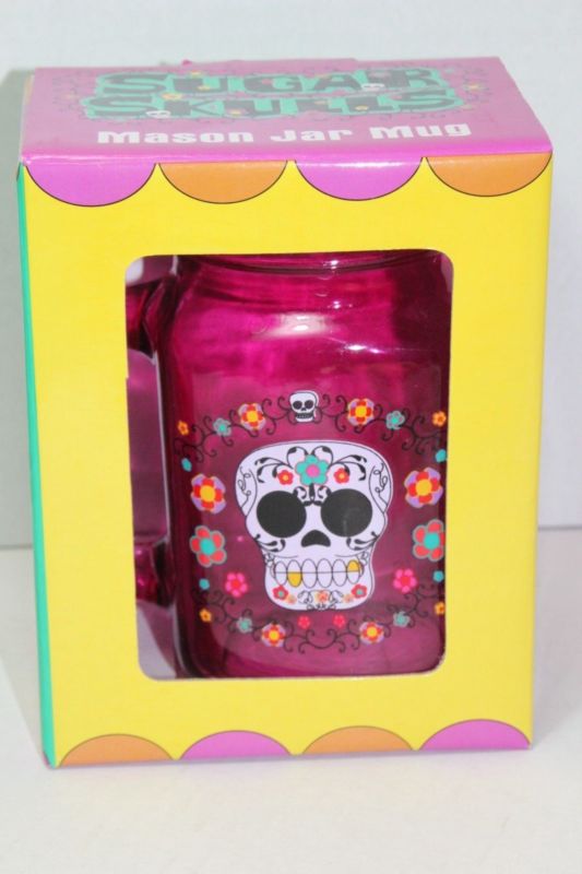 NEW SUGAR SKULLS Mason Jar Mug Glass TMD pink colored MIB