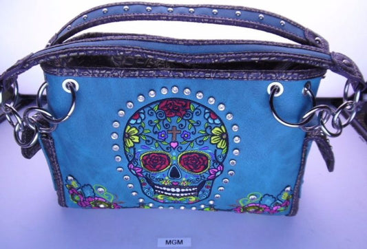 Turquoise Sugar Skull Bling Faux Leather Concealed Weapon Purse