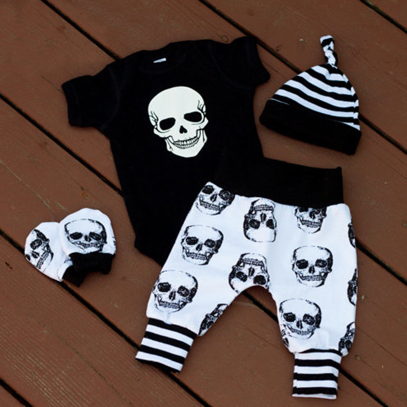 Newborn Infant Kids Baby Boy Skull Outfits Clothes Tops+Long Pants Hat 4pcs Set