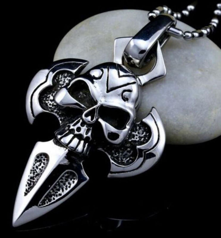 Men's Stainless Steel Cross Skull Head Pendant Charm Necklace Chain Jewelry Gift