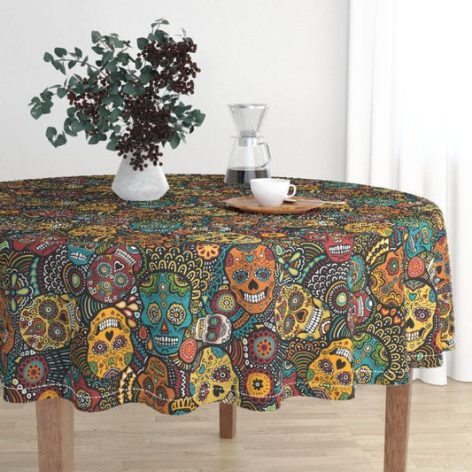 Round Tablecloth Calavera Sugar Skull Day Of The Dead Skull Mexico Cotton Sateen