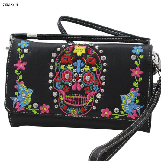 Rhinestone Studded Cross Body Sugar Skull Design Hipster Wallet Sling Bag Black