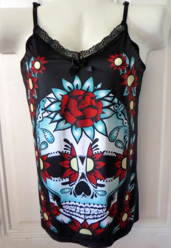 Women's Jawbreaker Sugar Skull Cami Top Skull Lace Back Black Day of the Dead