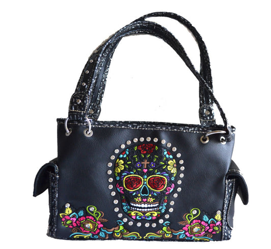 Western black embroidery sugar skull day of the dead handbag shoulder purse bag