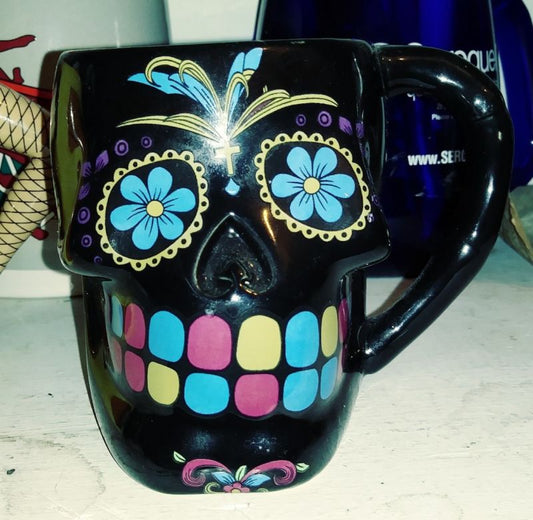 Day of the Dead Black Sugar Skull Pink Daisy Back Coffee Mug