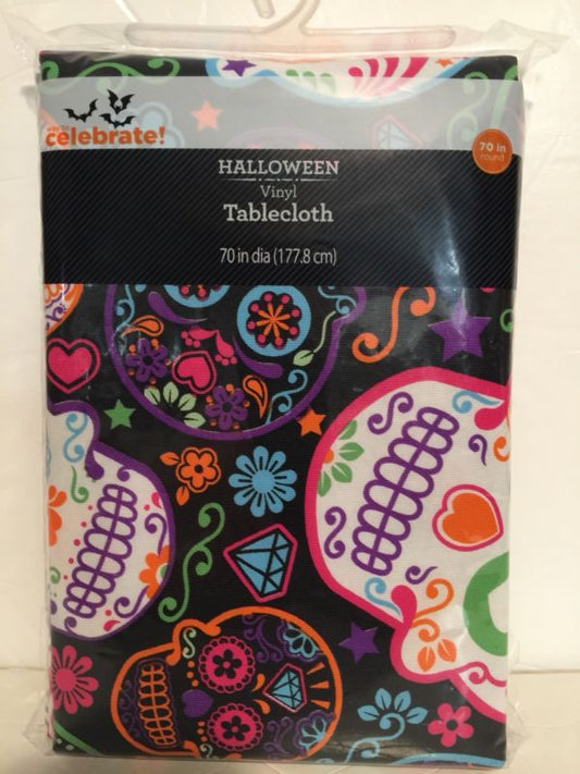 Halloween Dia De Los Muertos Vinyl 70" Round Tablecloth  Sugar Skull