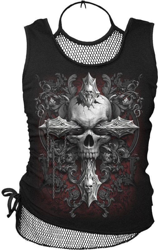 Spiral Cross Of Darkness, 2In1 Neck Tie Mesh Top Black |Skull|Gothic|