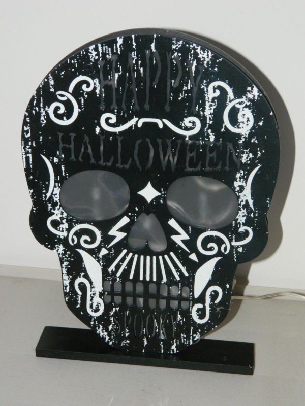 12" Light Up Happy Halloween Spooky Wood Table Top Sugar Skull Sign Decoration