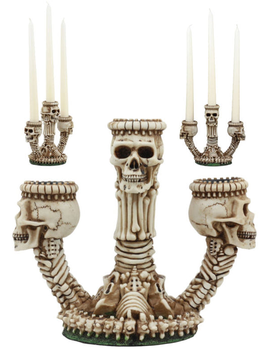 Gothic Trio Ossuary Skulls And Skeleton Bones Candelabra Candle Holder Decor