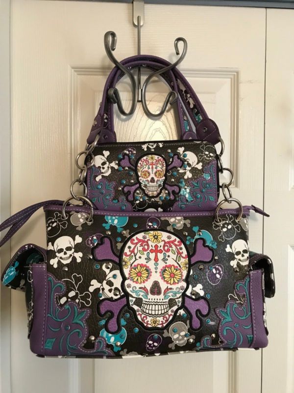 Cowgirl Trendy Western SPECIAL SUGAR SKULL Concealed Carry Handbag/Wallet PURPLE